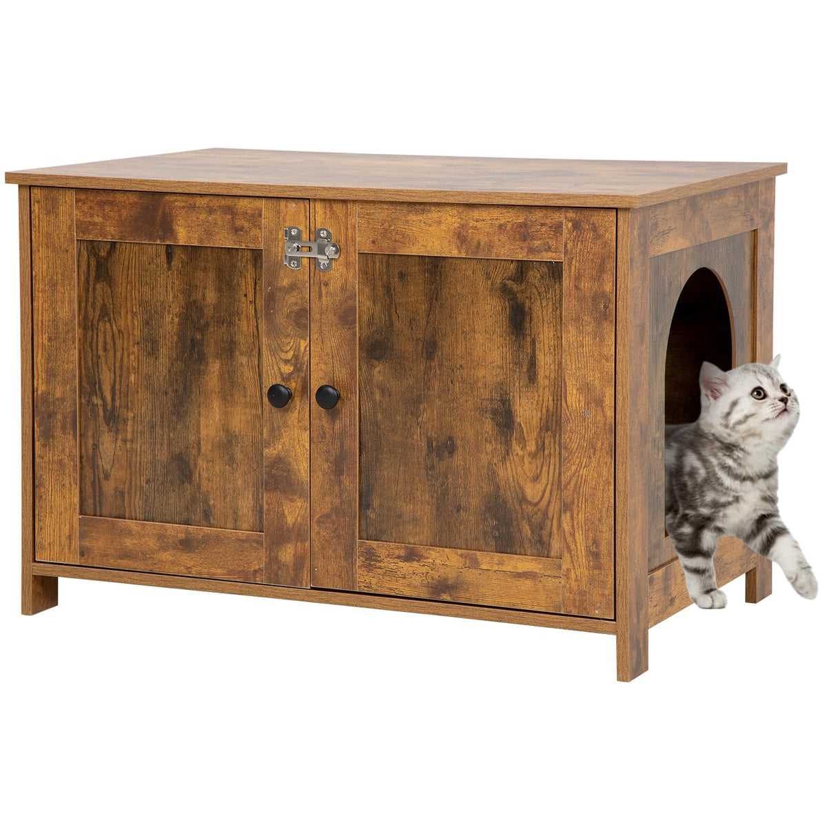 Hidden Cat Litter Box Enclosure Cabinet | Wooden Furniture with Side Entry & Hinged Top