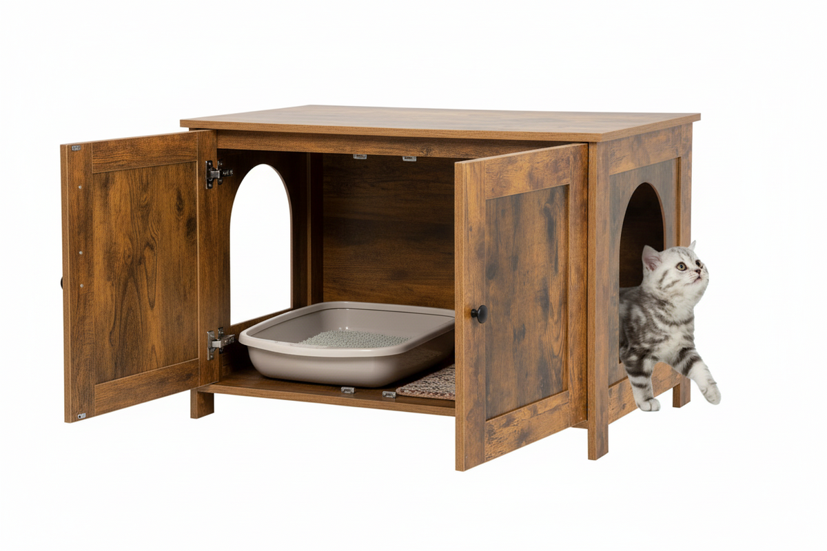 Hidden Cat Litter Box Enclosure Cabinet | Wooden Furniture with Side Entry & Hinged Top