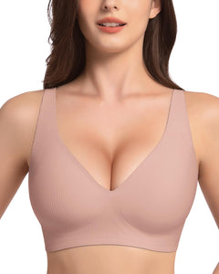 LEYSHE Padded Push Up Bra Deep V Neck Wireless Bra Ribbed Seamless Bra Deep Plunge Bra with Adjustable StrapsPinkL