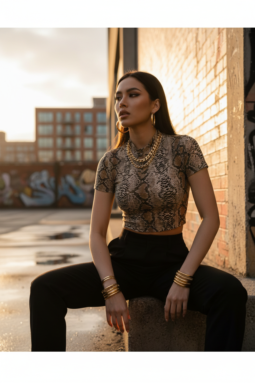 Snake Print Short Sleeve Crop Top for Women